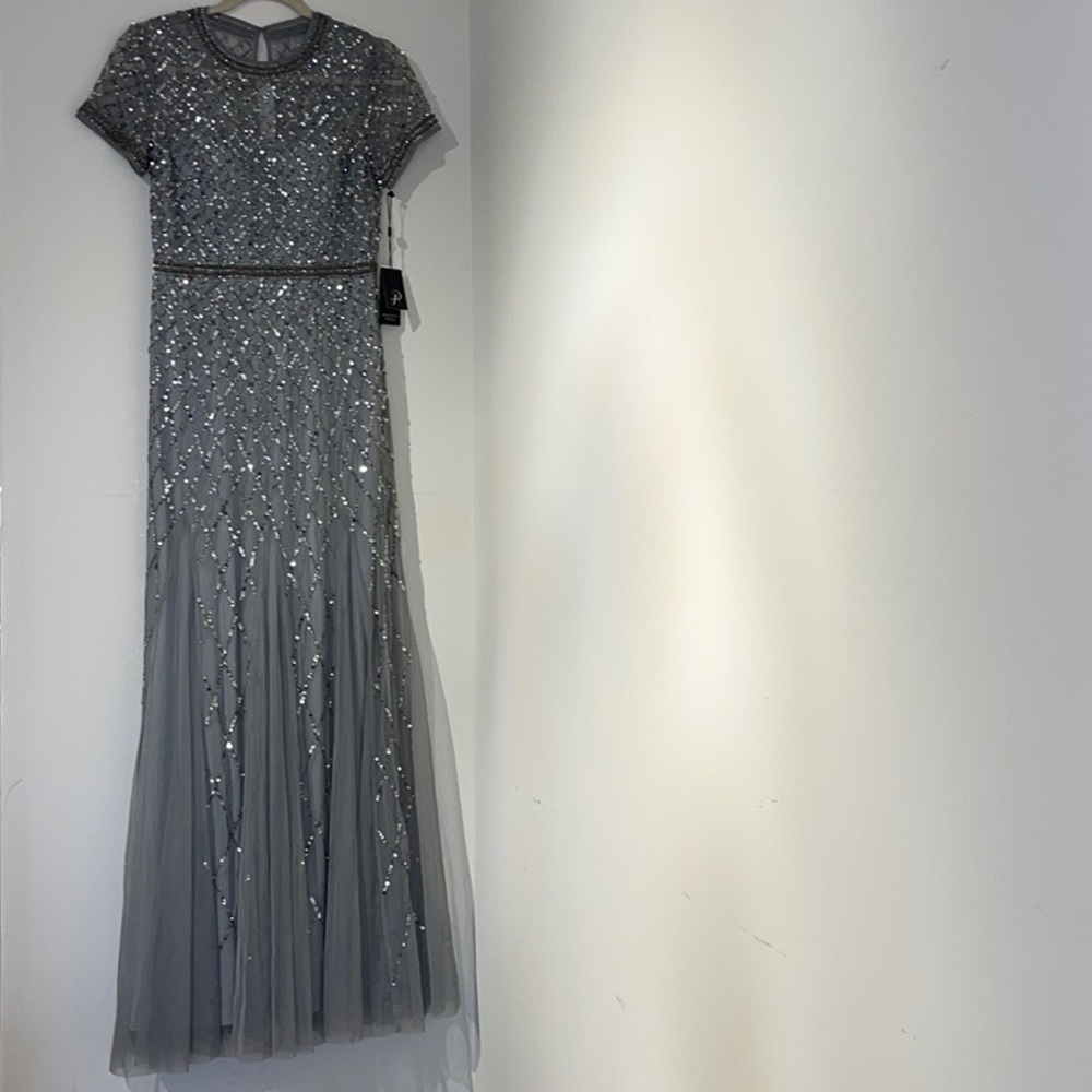 Adrianna Papell short sleeved, fully beaded in Blue Mist, size 4 gown.